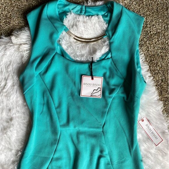 BISOU BISOU Dress Aqua Gold Hardware Midi Bodycon Fitting NEW Women’s Size 6 - Picture 3 of 11